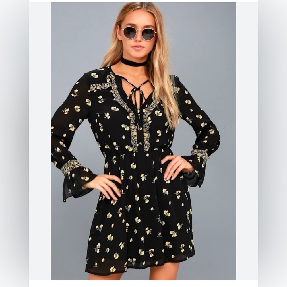 Lulu's Black Floral Long Sleeve Dress - Picture 2 of 9